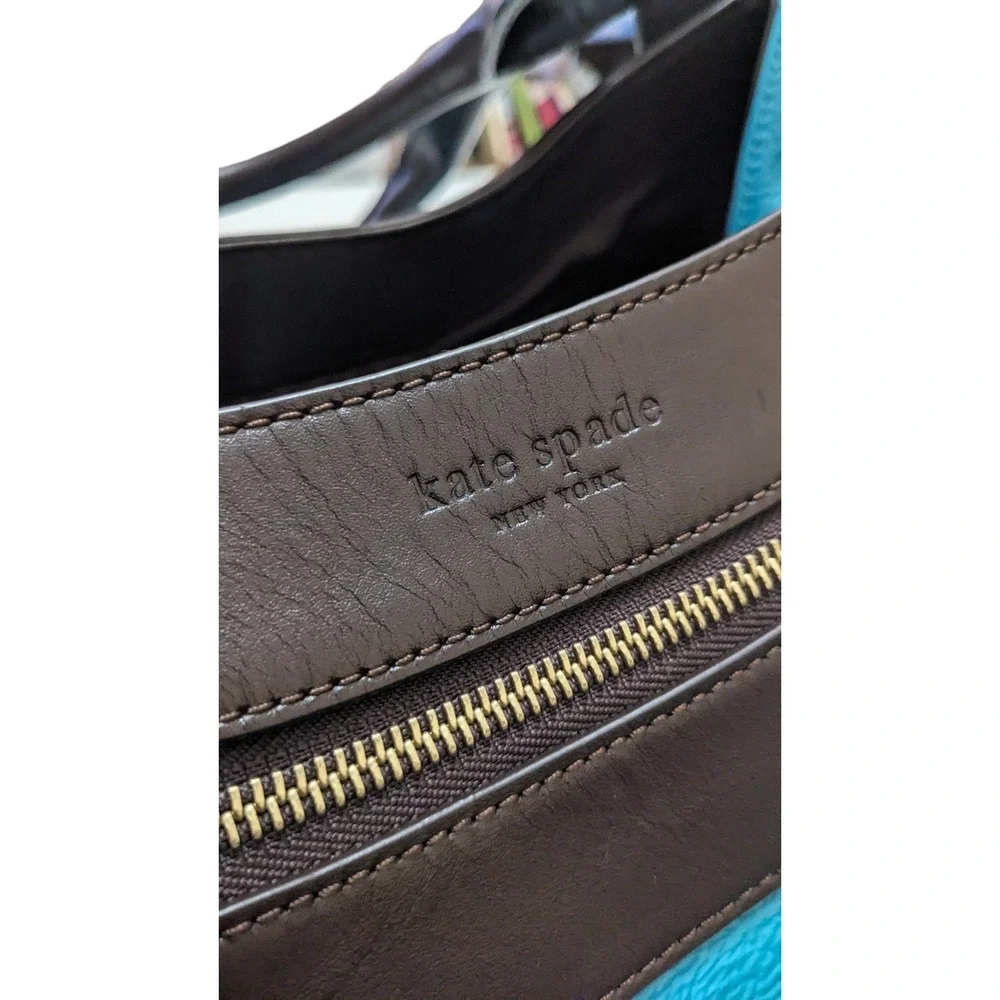 Kate Spade New York Teal Blue Crinkled Patent Leather Brown Trim Tote‎ Bag
